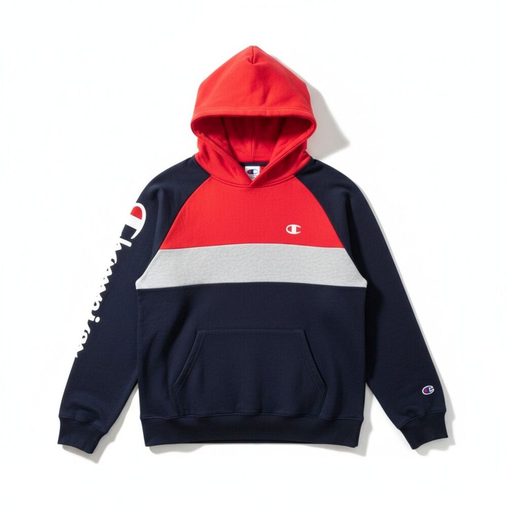Champion Color block Hoodie Large NWT Red Navy Gray Pullover Sweatshirt